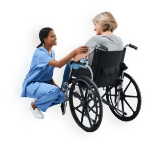 Carer talking to a woman in a wheelchair